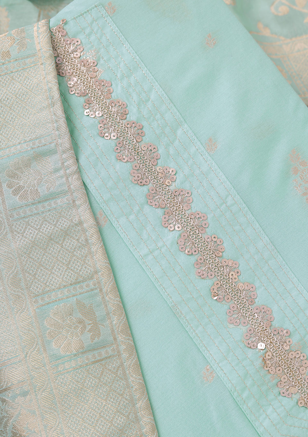 Sea Green Zariwork (Gold) Chanderi Unstitched Salwar Suit