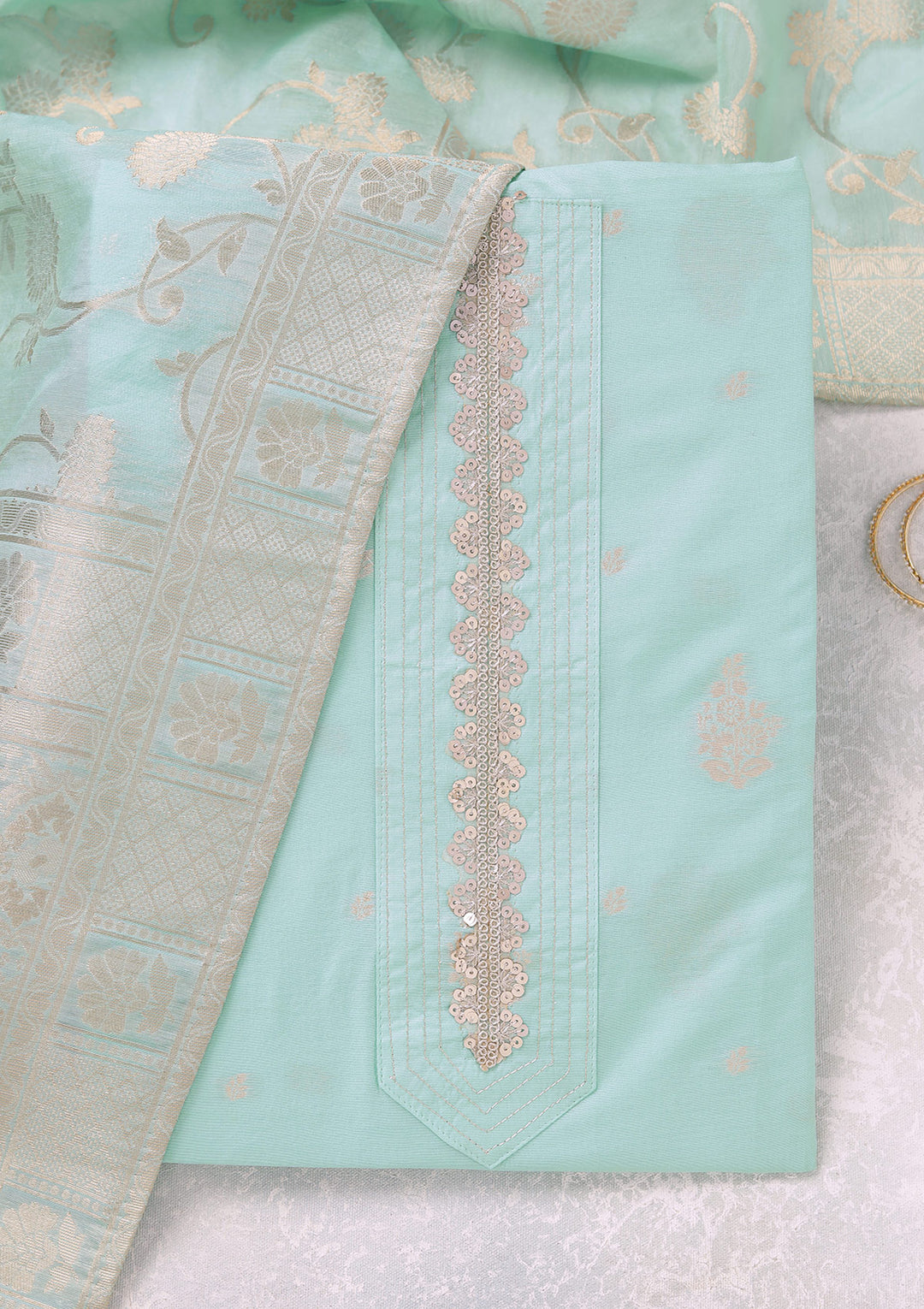 Sea Green Zariwork (Gold) Chanderi Unstitched Salwar Suit