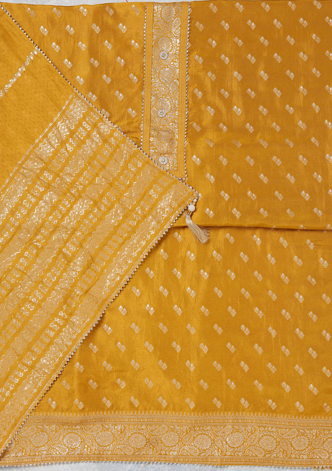 Mustard Zariwork (Gold) Dola Silk Unstitched Salwar Suit