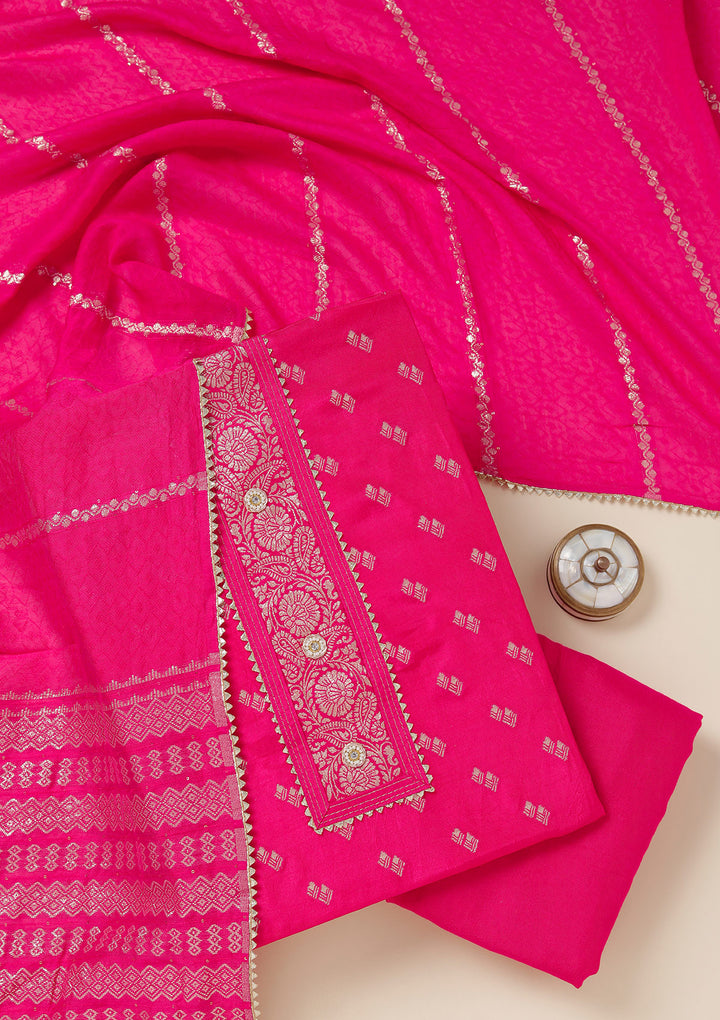 Rani Pink Zariwork (Gold) Dola Silk Unstitched Salwar Suit