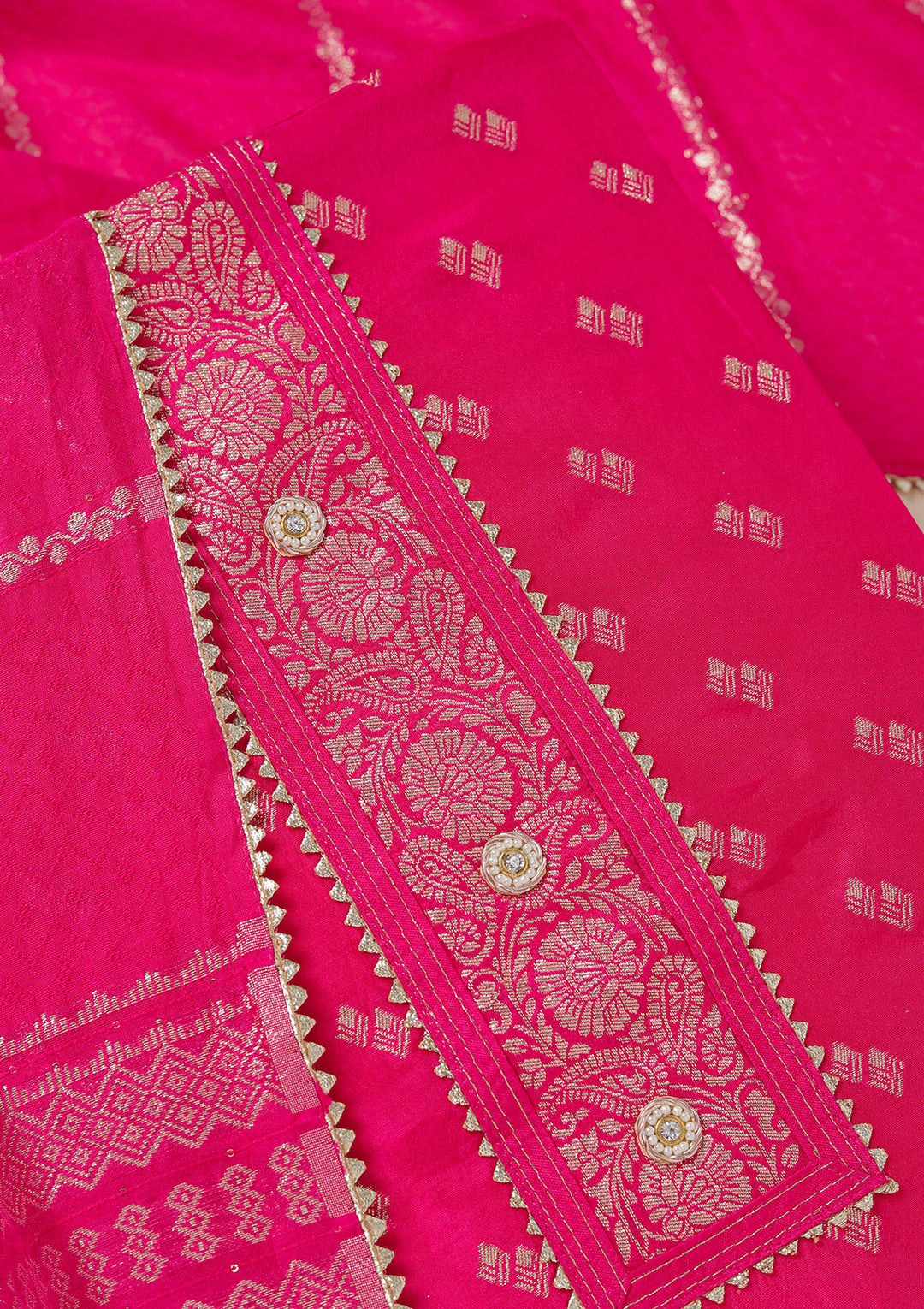 Rani Pink Zariwork (Gold) Dola Silk Unstitched Salwar Suit