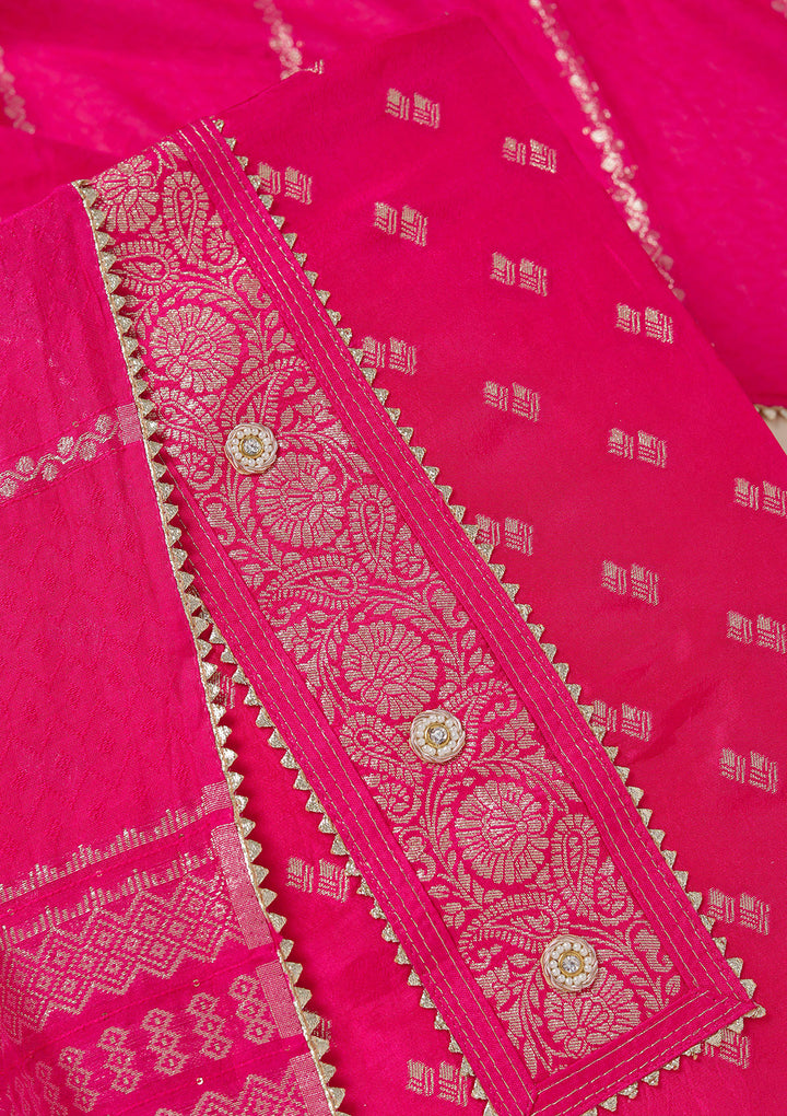 Rani Pink Zariwork (Gold) Dola Silk Unstitched Salwar Suit