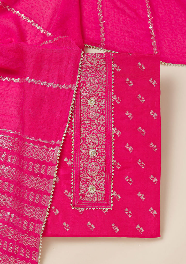 Rani Pink Zariwork (Gold) Dola Silk Unstitched Salwar Suit