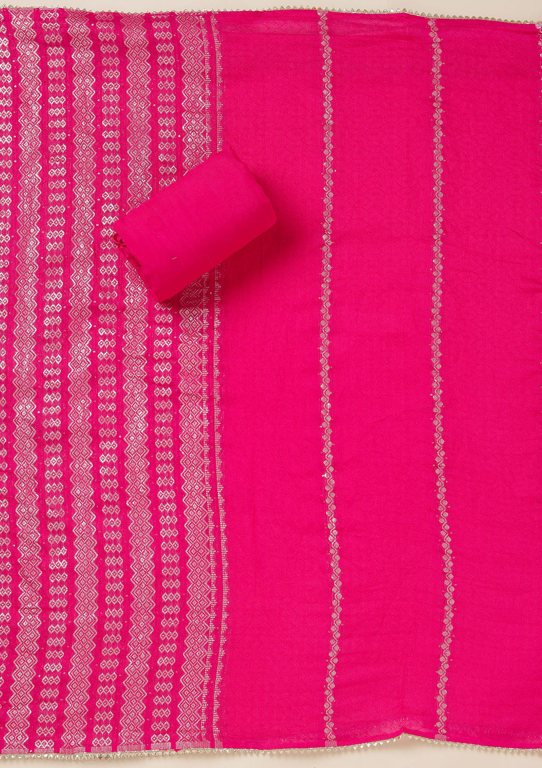 Rani Pink Zariwork (Gold) Dola Silk Unstitched Salwar Suit