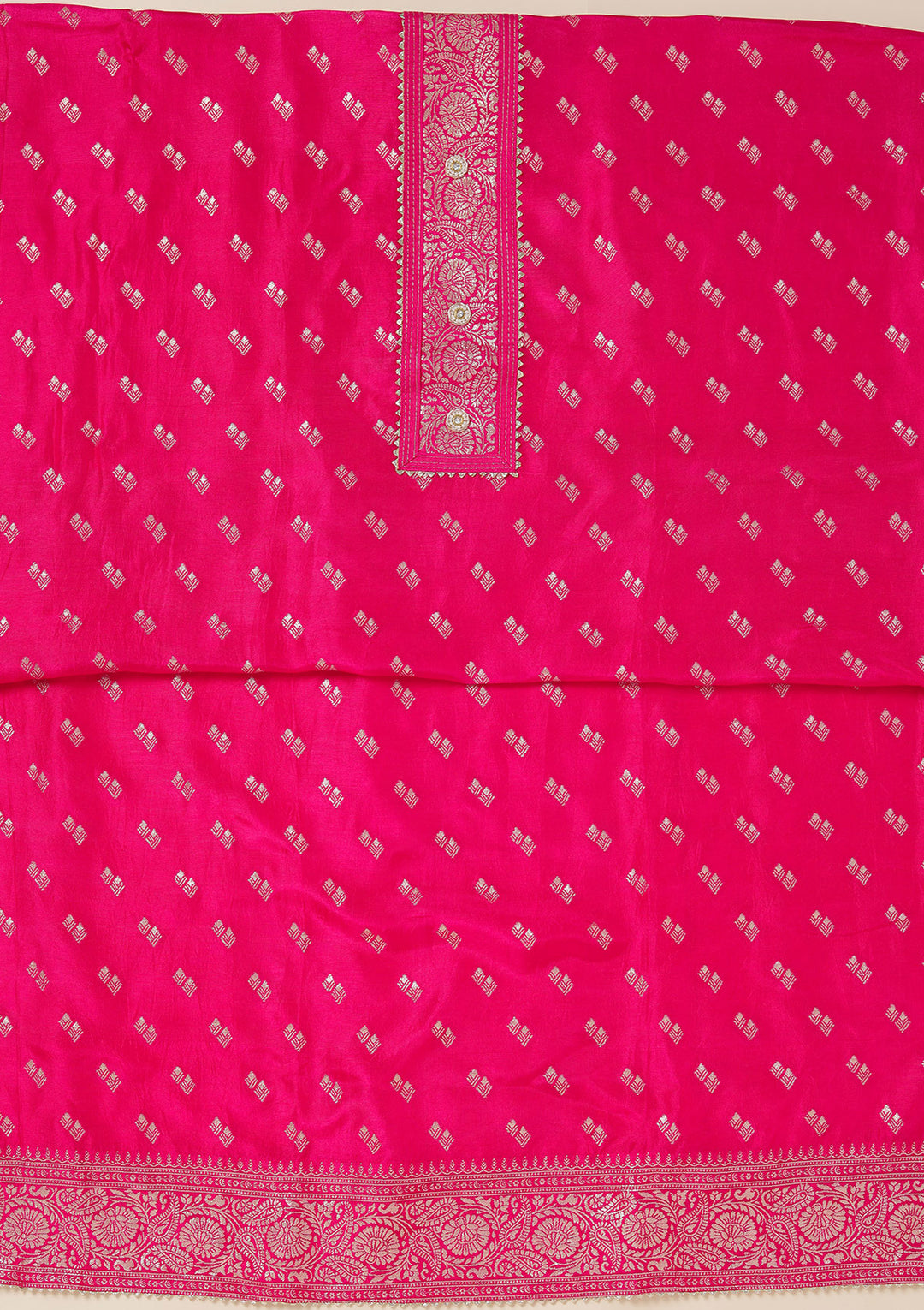 Rani Pink Zariwork (Gold) Dola Silk Unstitched Salwar Suit