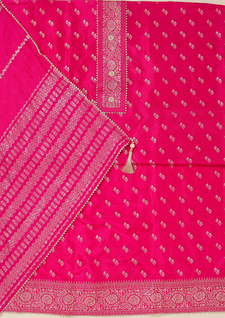 Rani Pink Zariwork (Gold) Dola Silk Unstitched Salwar Suit