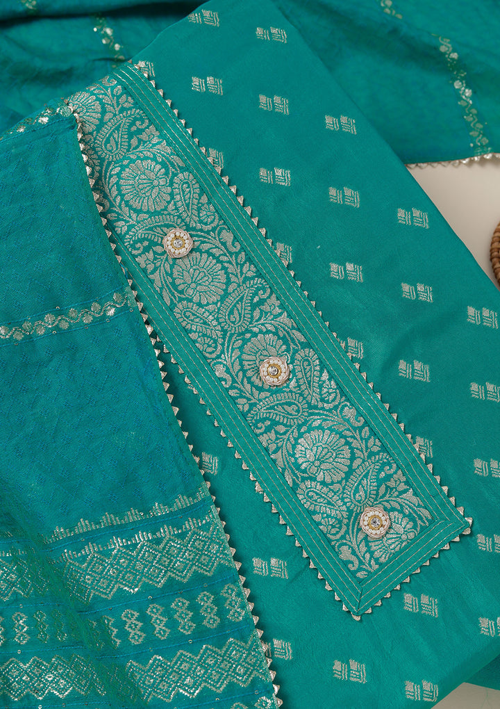 Sea Green Zariwork (Gold) Dola Silk Unstitched Salwar Suit