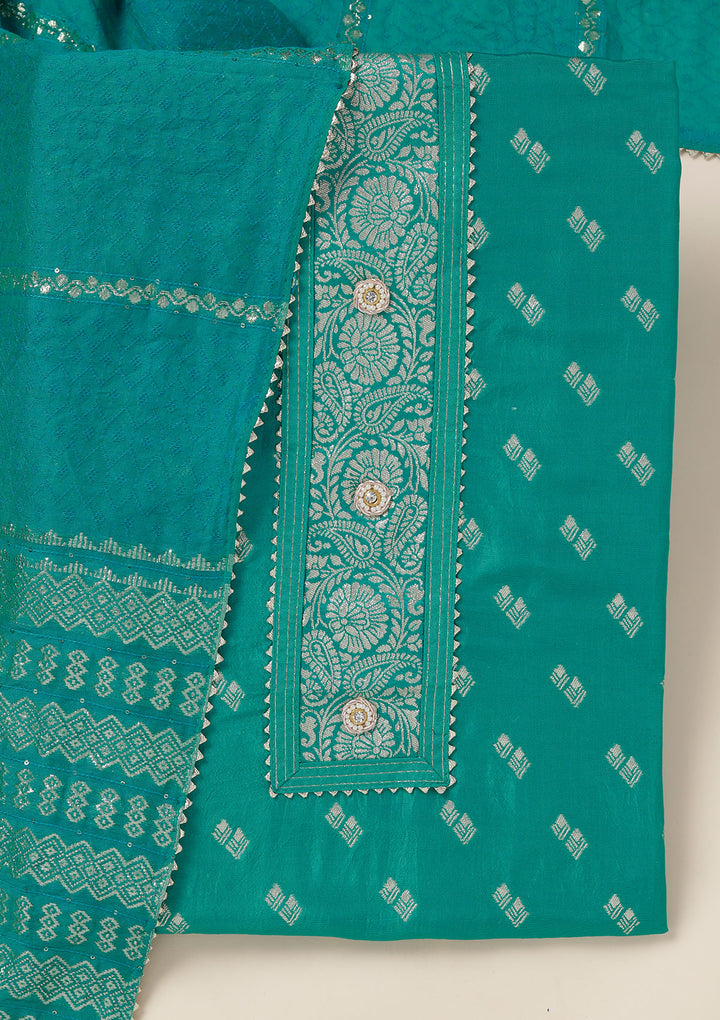 Sea Green Zariwork (Gold) Dola Silk Unstitched Salwar Suit