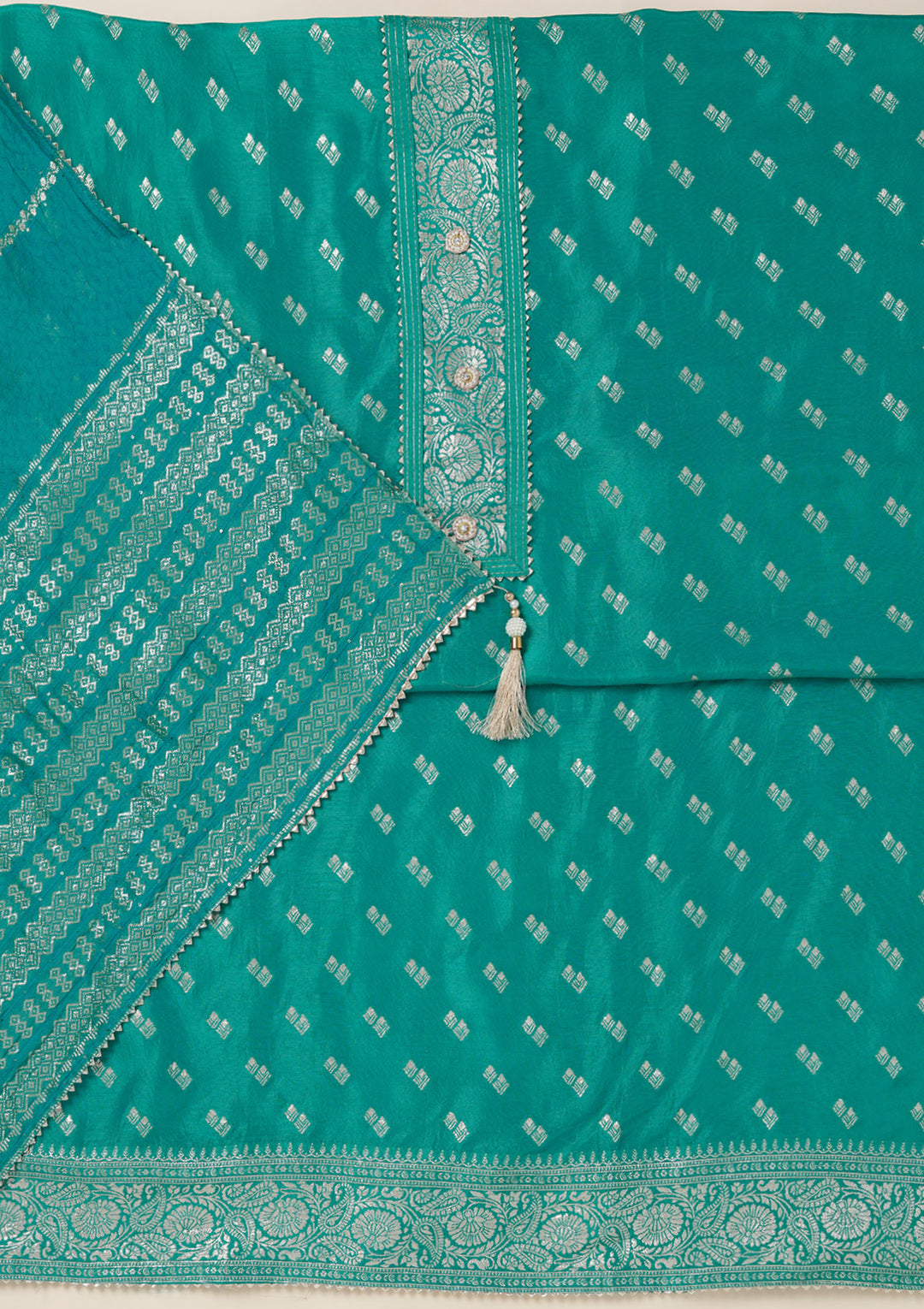 Sea Green Zariwork (Gold) Dola Silk Unstitched Salwar Suit