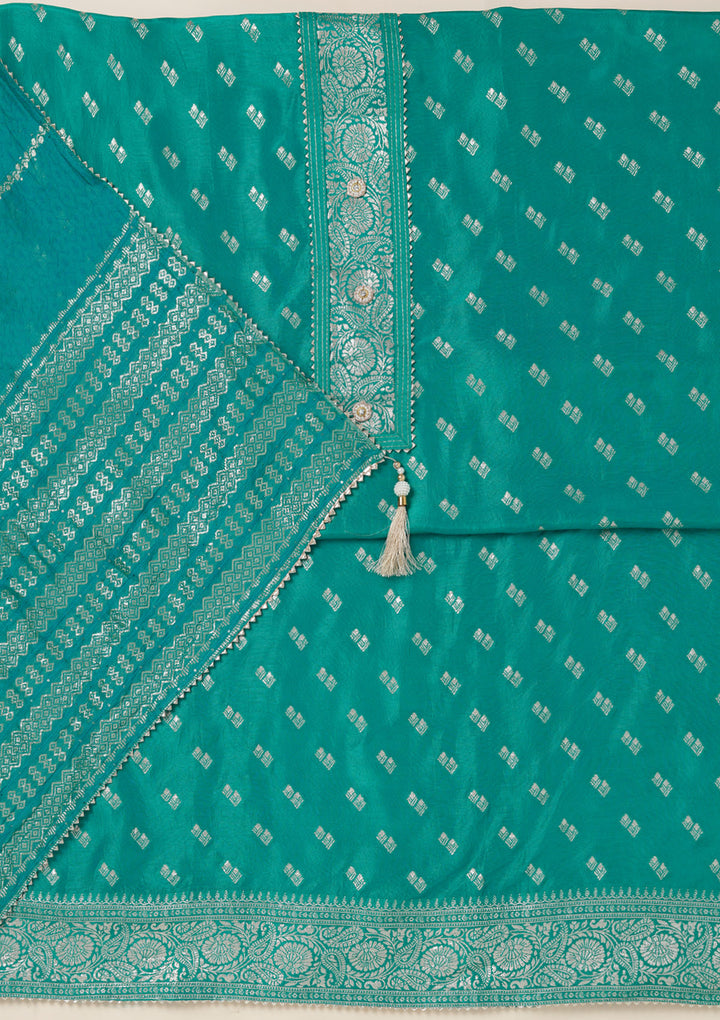 Sea Green Zariwork (Gold) Dola Silk Unstitched Salwar Suit