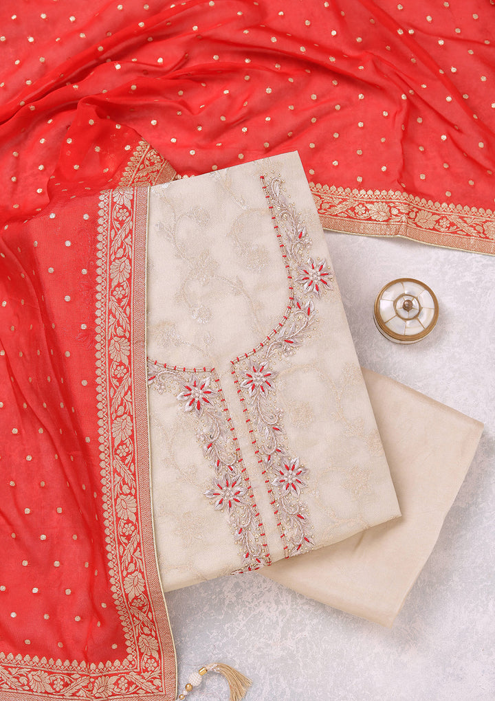 Beige Zardozi (Gold) Chanderi Unstitched Salwar Suit