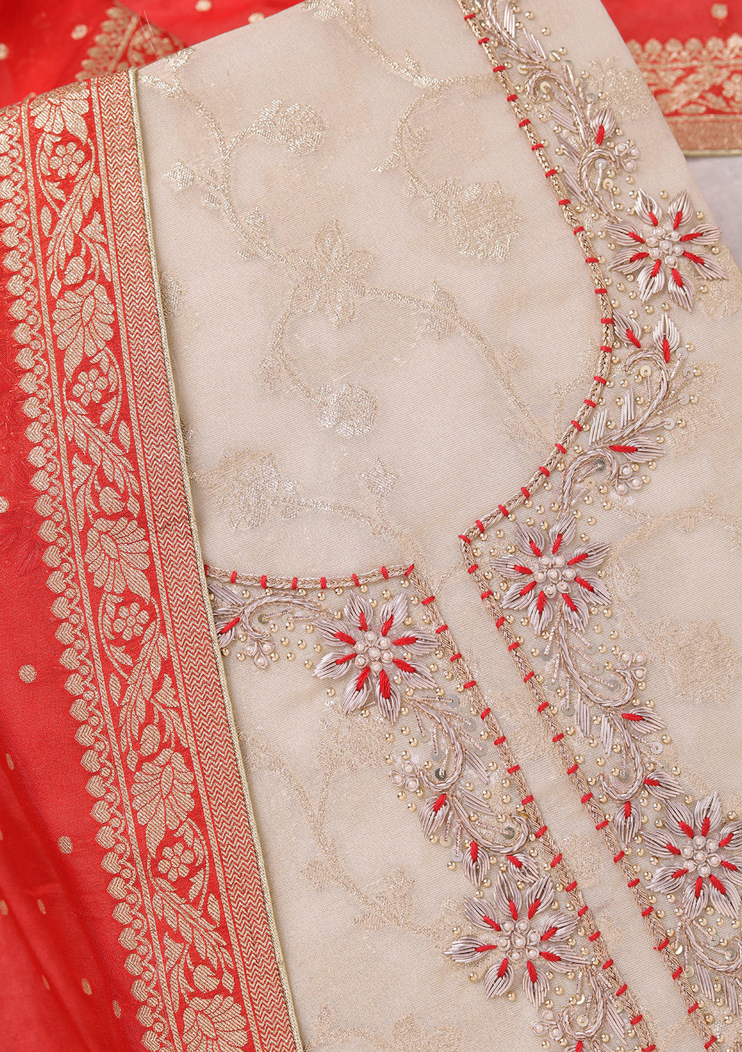 Beige Zardozi (Gold) Chanderi Unstitched Salwar Suit