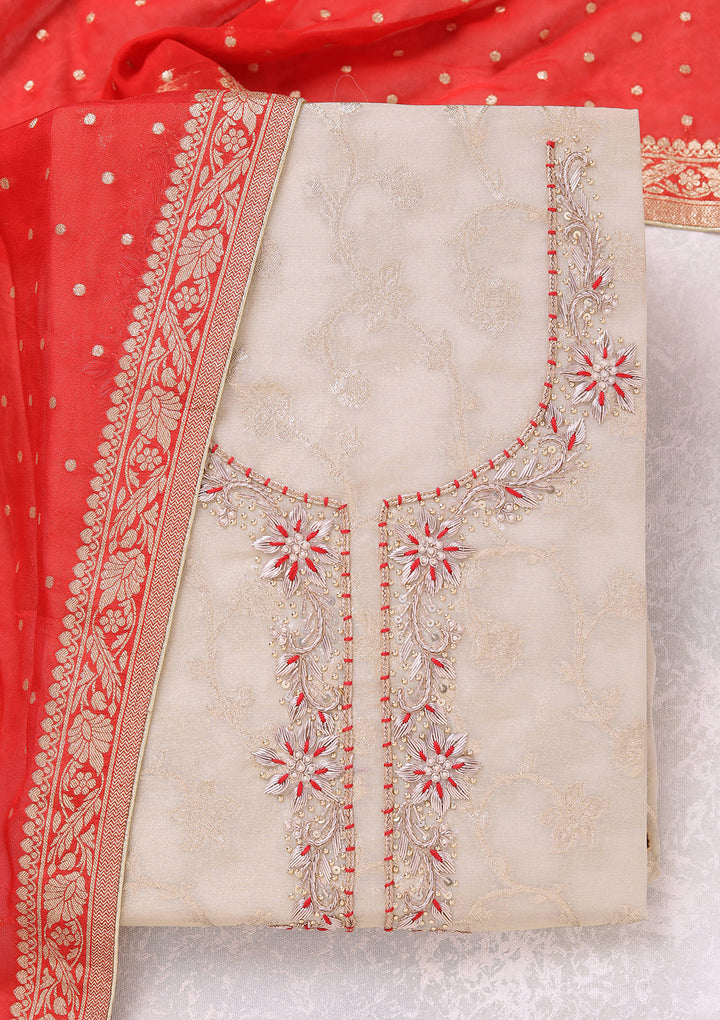 Beige Zardozi (Gold) Chanderi Unstitched Salwar Suit