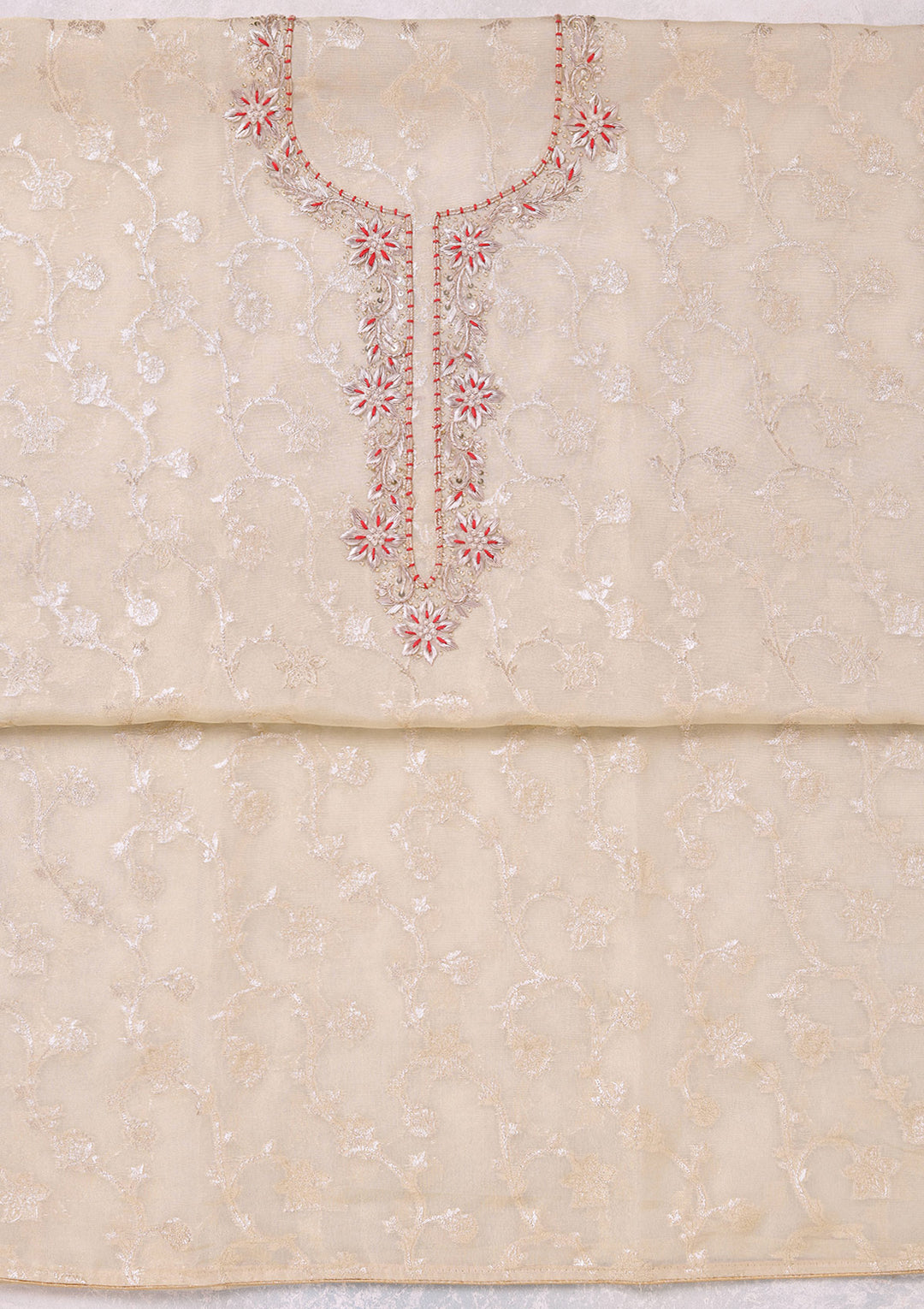 Beige Zardozi (Gold) Chanderi Unstitched Salwar Suit