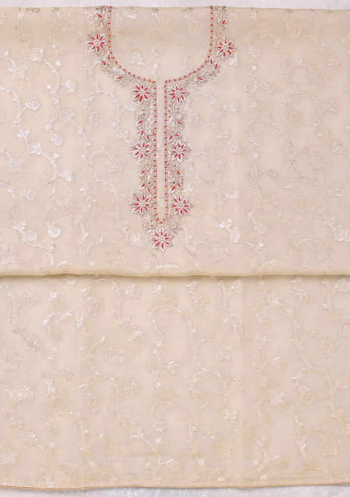 Beige Zardozi (Gold) Chanderi Unstitched Salwar Suit