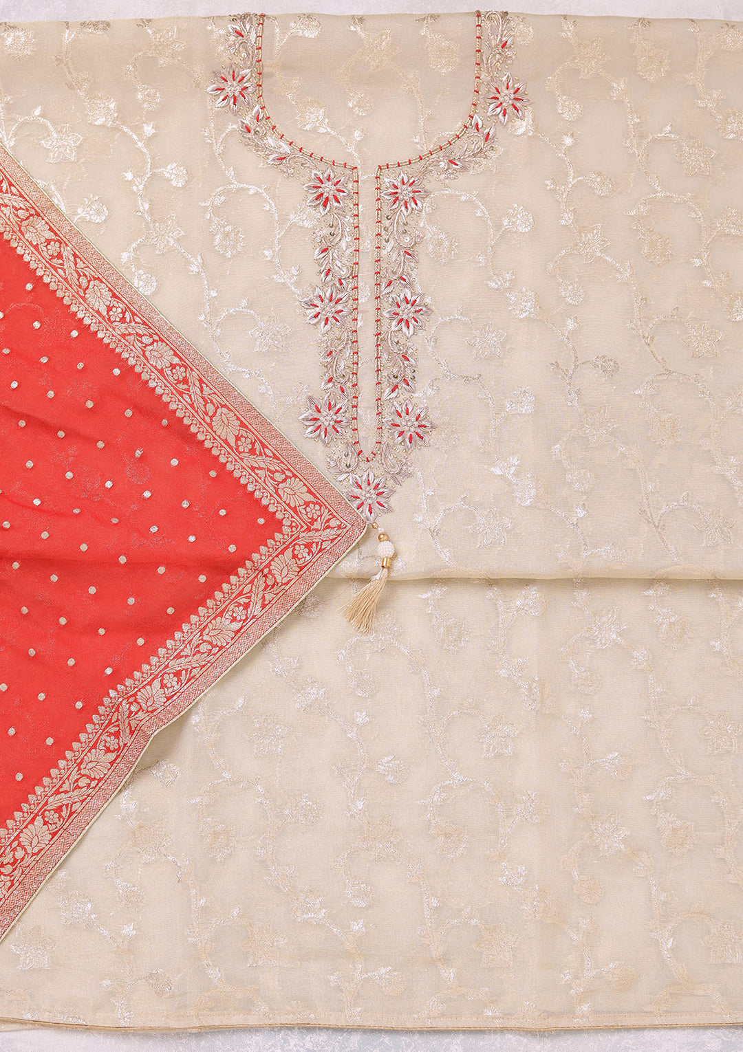 Beige Zardozi (Gold) Chanderi Unstitched Salwar Suit