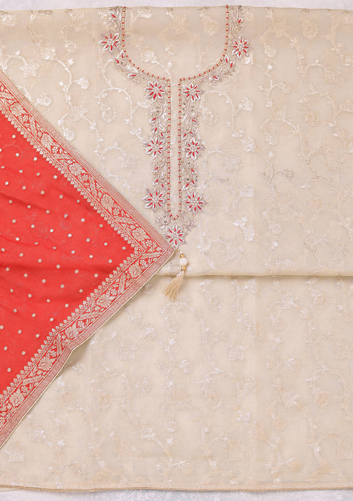 Beige Zardozi (Gold) Chanderi Unstitched Salwar Suit
