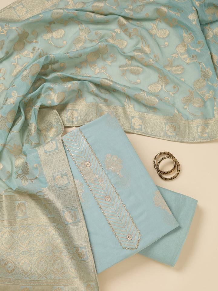 Light Grey Zariwork (Gold) Chanderi Unstitched Salwar Suit
