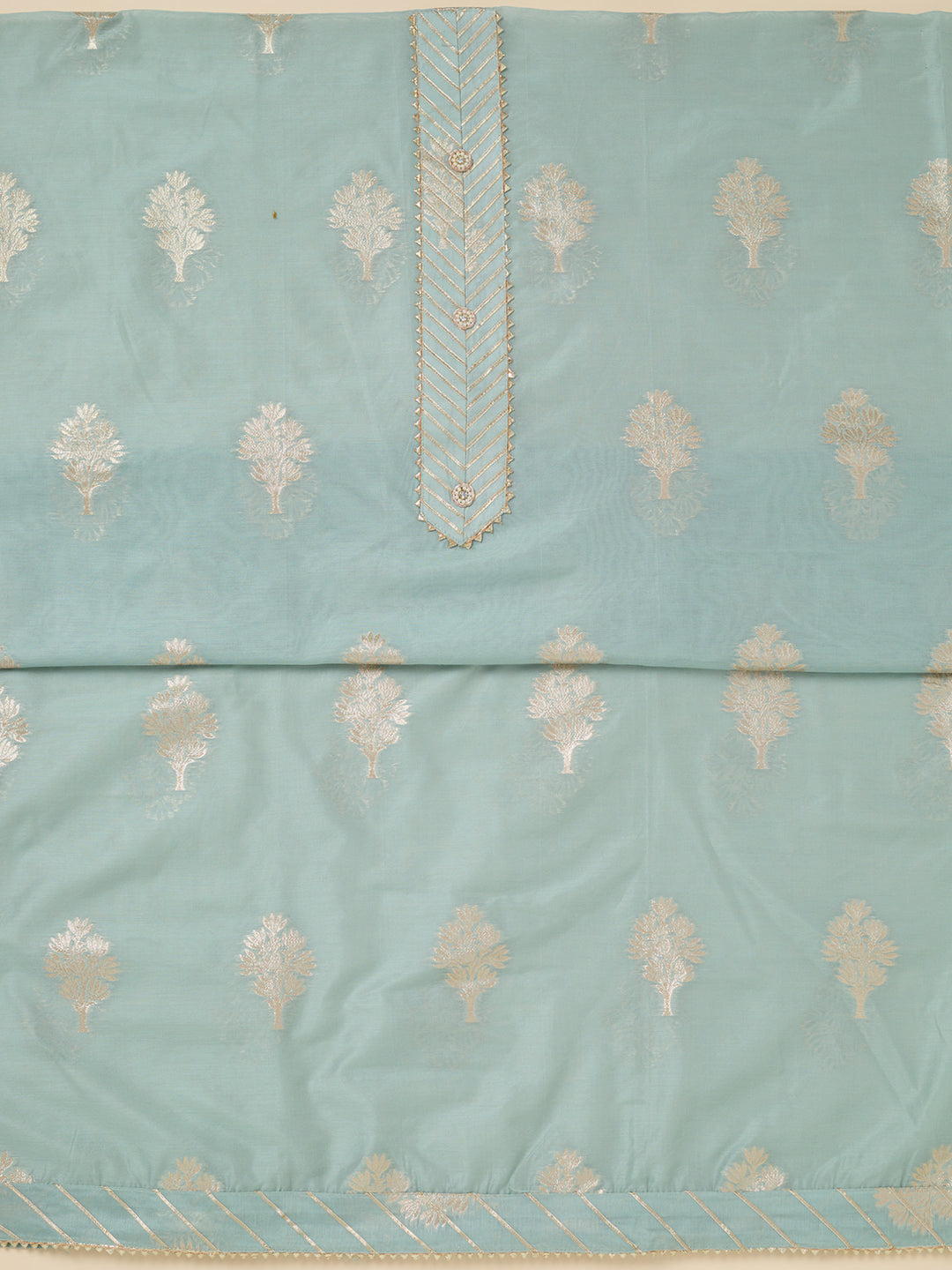 Light Grey Zariwork (Gold) Chanderi Unstitched Salwar Suit