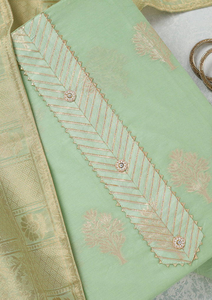 Pista Green Zariwork (Gold) Chanderi Unstitched Salwar Suit