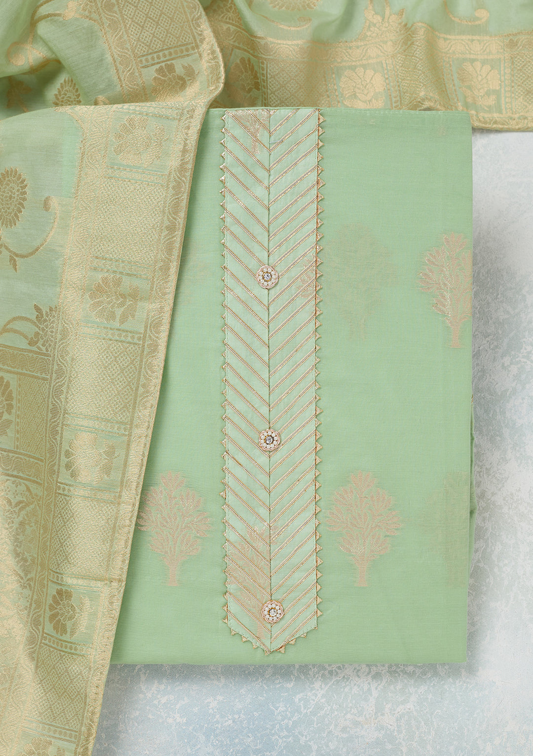Pista Green Zariwork (Gold) Chanderi Unstitched Salwar Suit