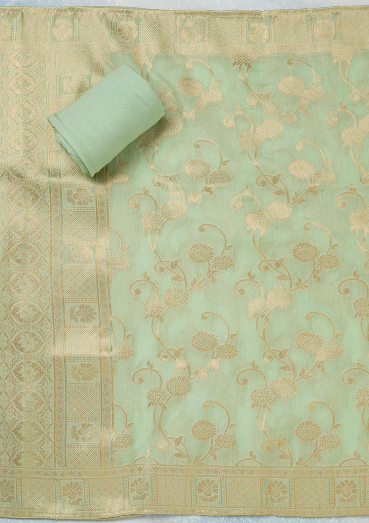 Pista Green Zariwork (Gold) Chanderi Unstitched Salwar Suit