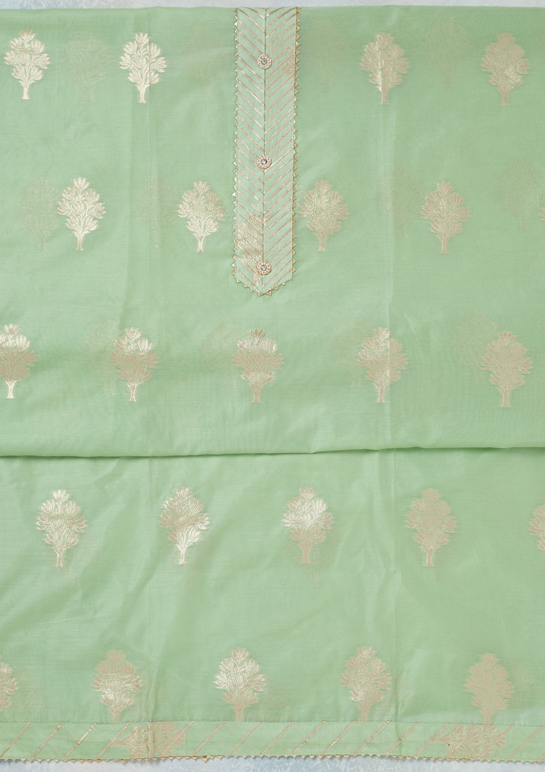 Pista Green Zariwork (Gold) Chanderi Unstitched Salwar Suit