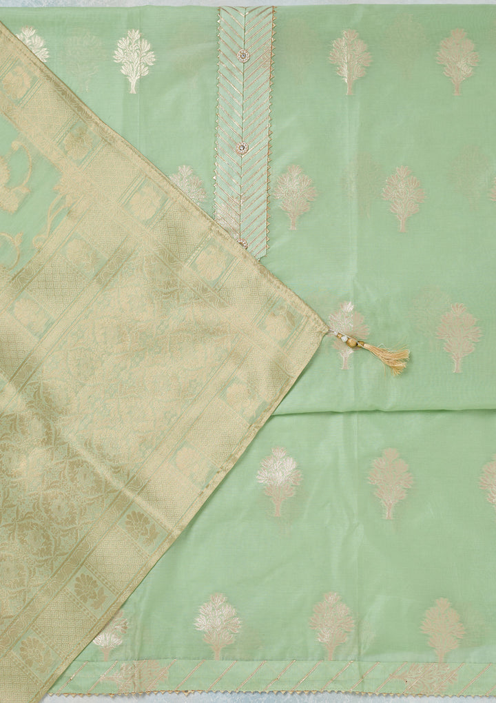 Pista Green Zariwork (Gold) Chanderi Unstitched Salwar Suit