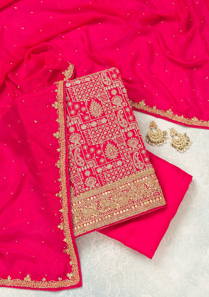 Rani Pink Zariwork (Gold) Georgette Unstitched Salwar Suit