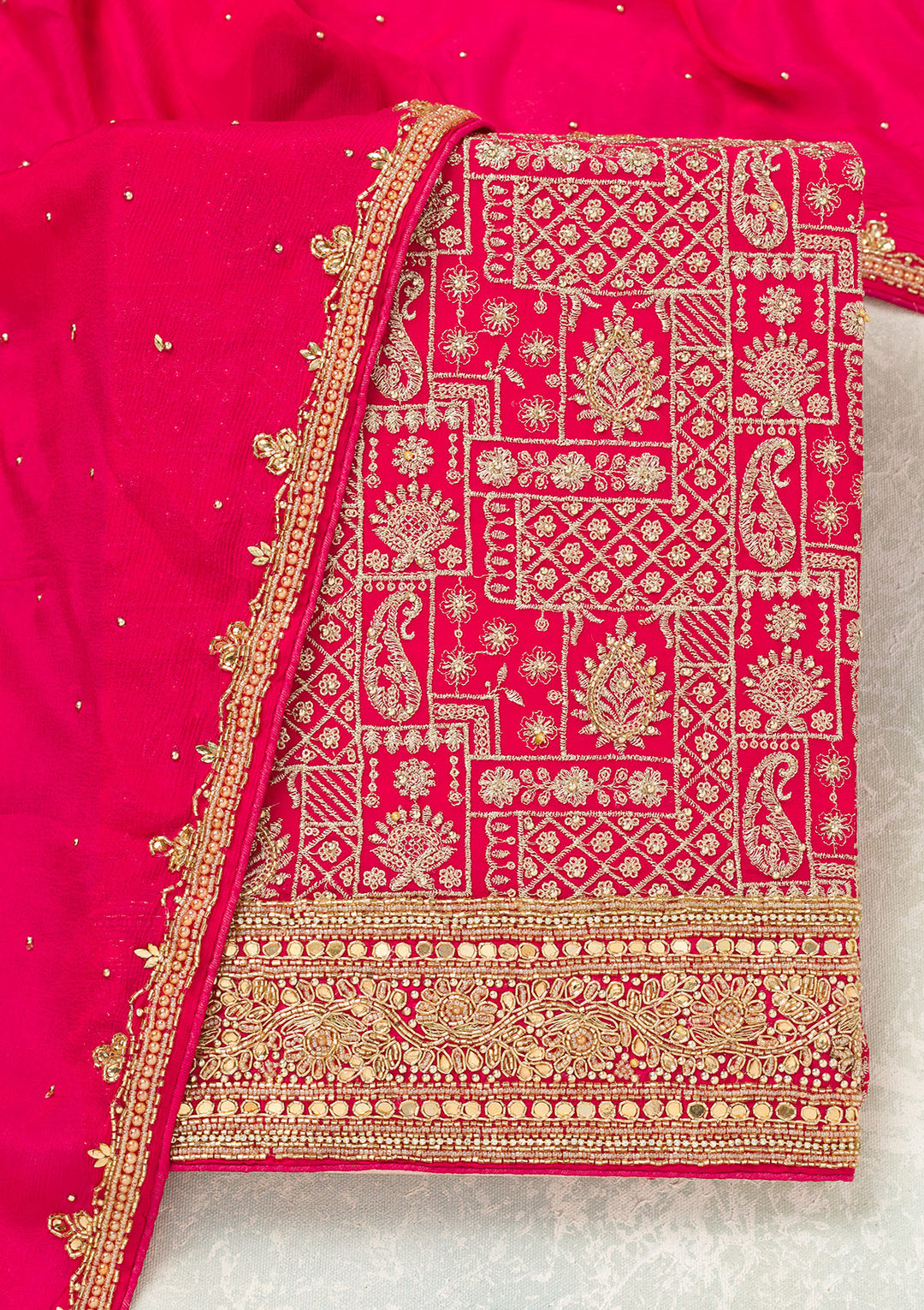 Rani Pink Zariwork (Gold) Georgette Unstitched Salwar Suit