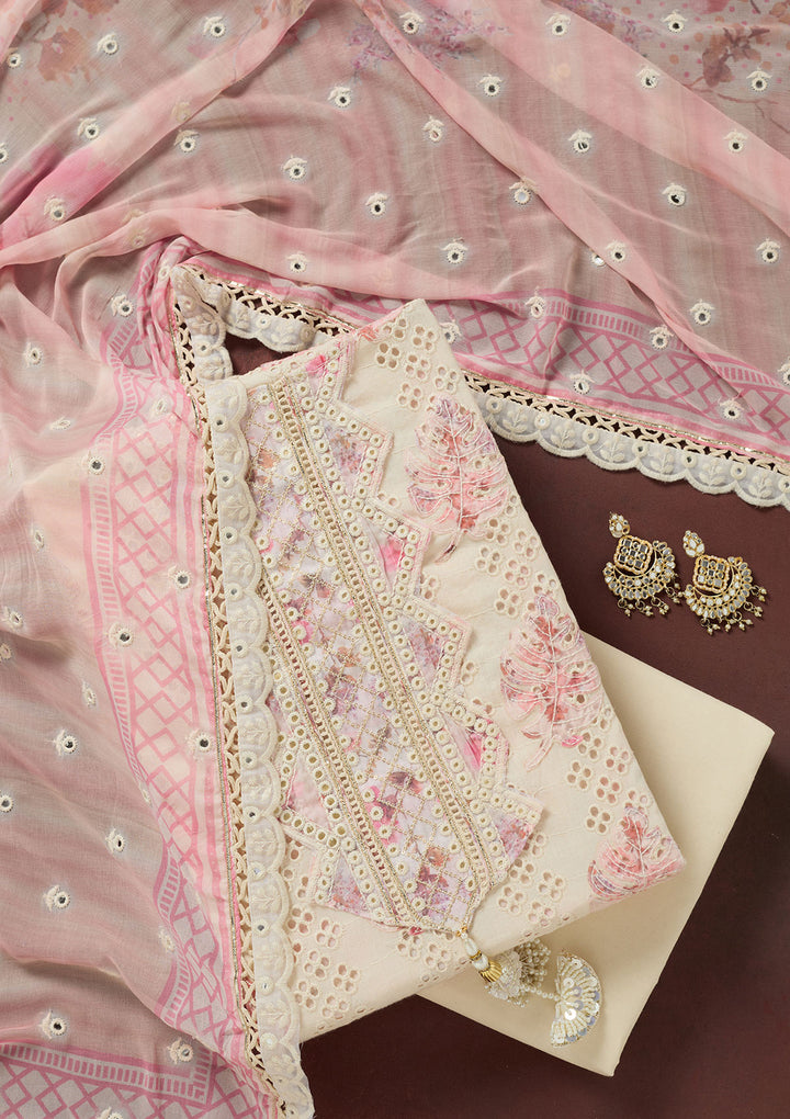 Cream Threadwork Cotton Unstitched Salwar Suit