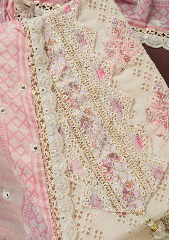 Cream Threadwork Cotton Unstitched Salwar Suit