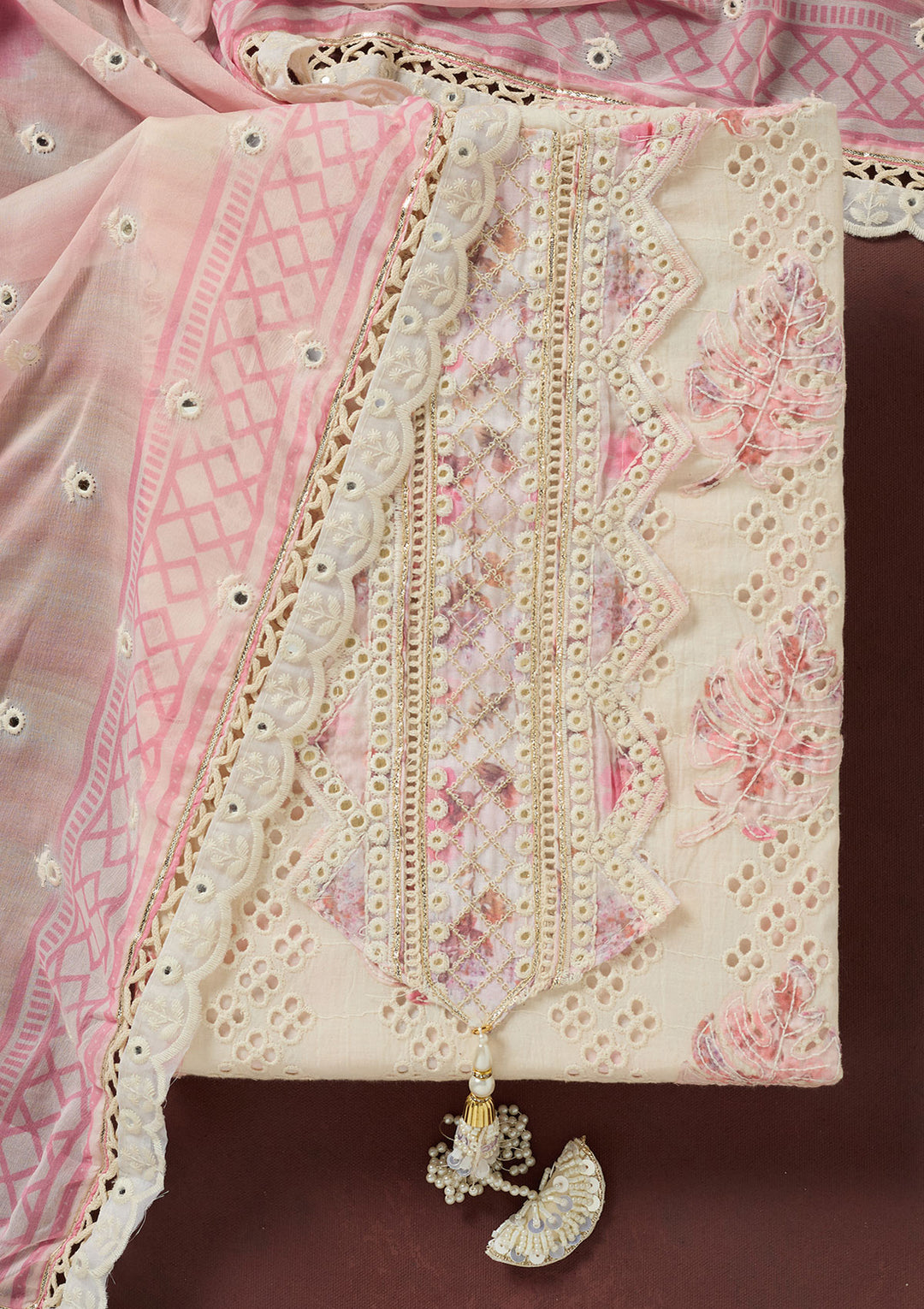 Cream Threadwork Cotton Unstitched Salwar Suit