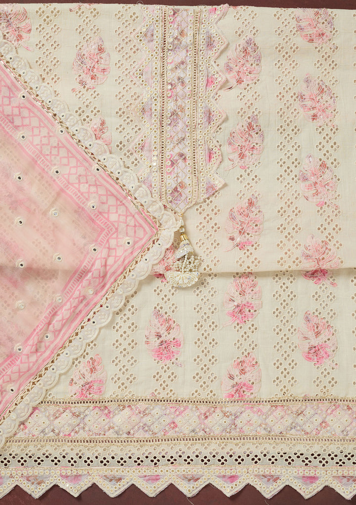 Cream Threadwork Cotton Unstitched Salwar Suit