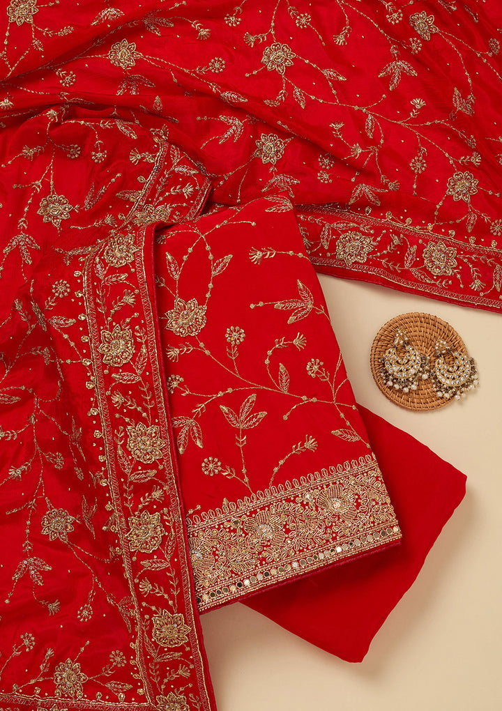 Red Zariwork (Gold) Semi Crepe Unstitched Salwar Suit