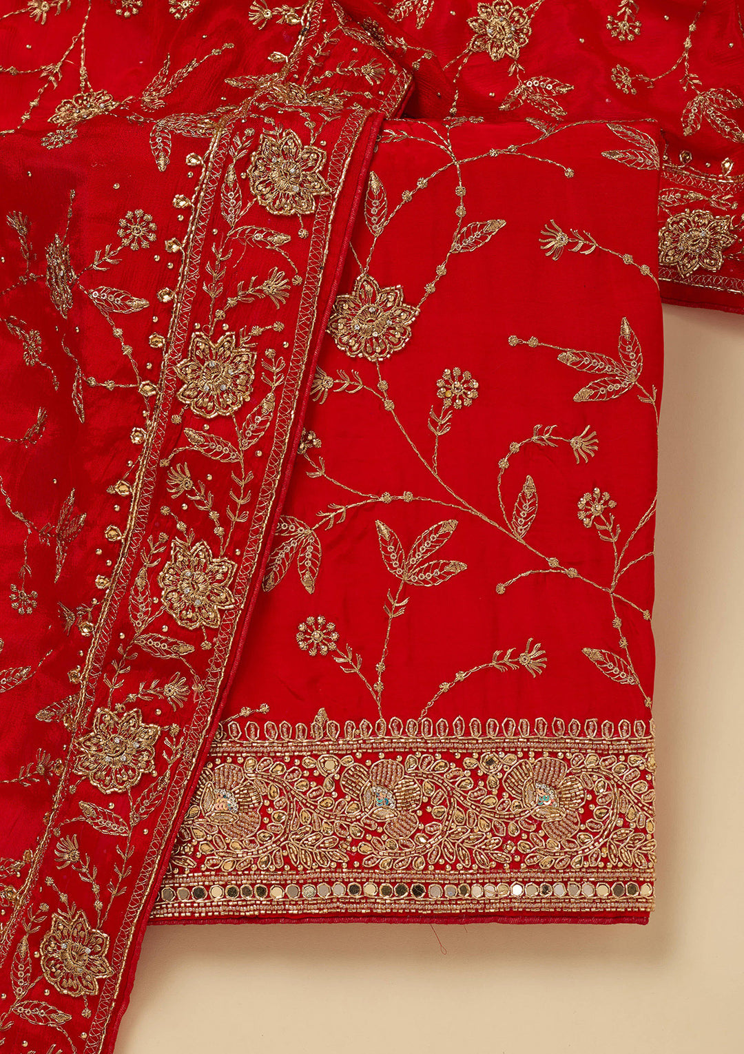 Red Zariwork (Gold) Semi Crepe Unstitched Salwar Suit