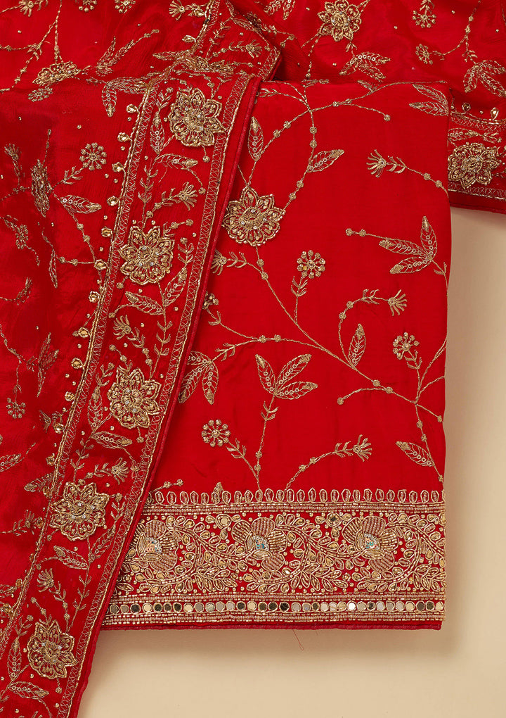 Red Zariwork (Gold) Semi Crepe Unstitched Salwar Suit