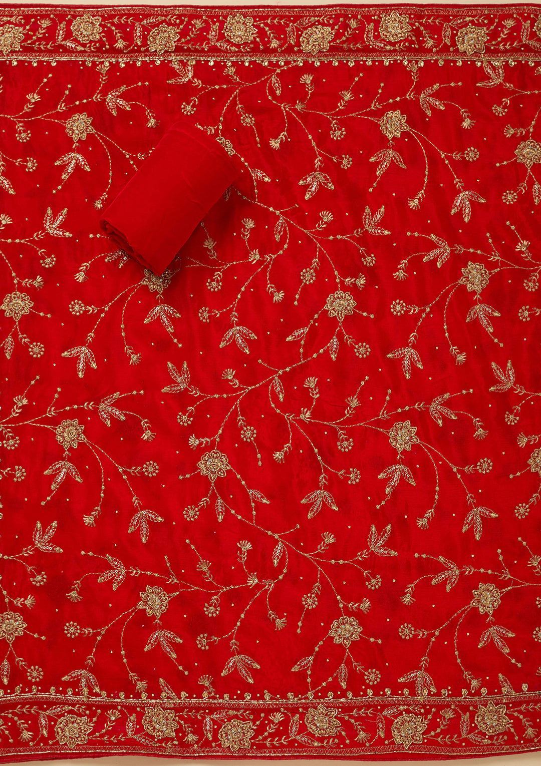 Red Zariwork (Gold) Semi Crepe Unstitched Salwar Suit