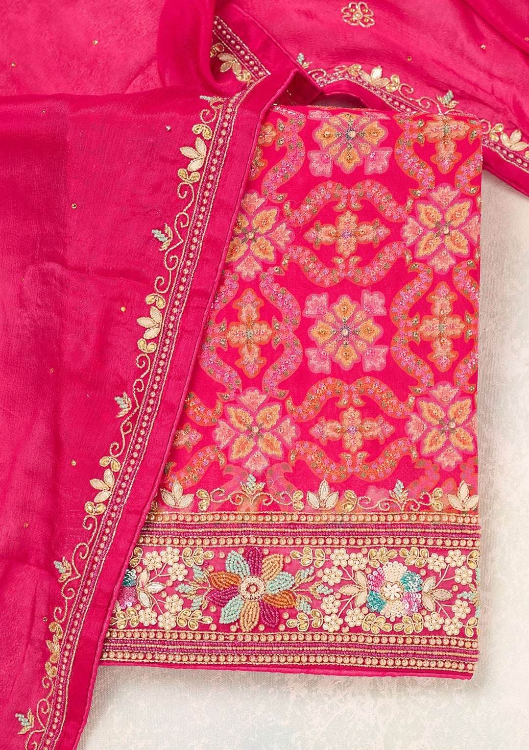 Rani Pink Stonework Georgette Unstitched Salwar Suit