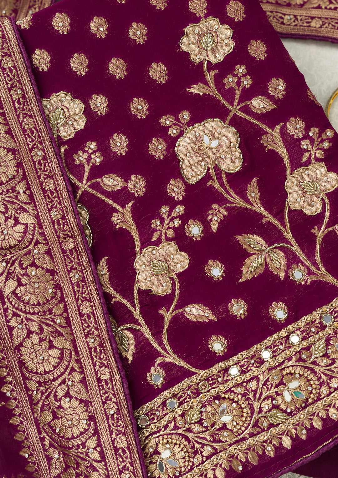 Purple Stonework (Gold) Dola Silk Unstitched Salwar Suit