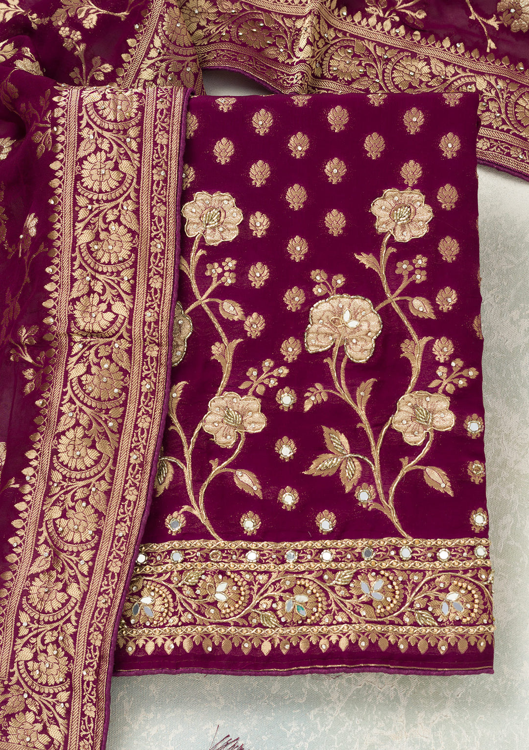 Purple Stonework (Gold) Dola Silk Unstitched Salwar Suit