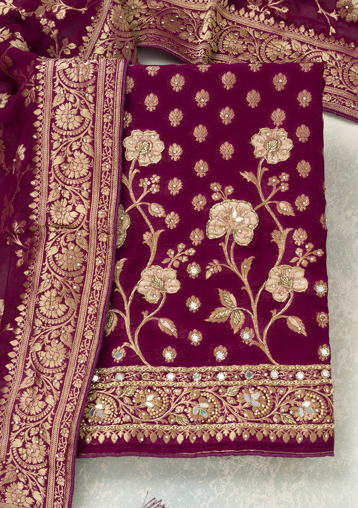 Purple Stonework (Gold) Dola Silk Unstitched Salwar Suit