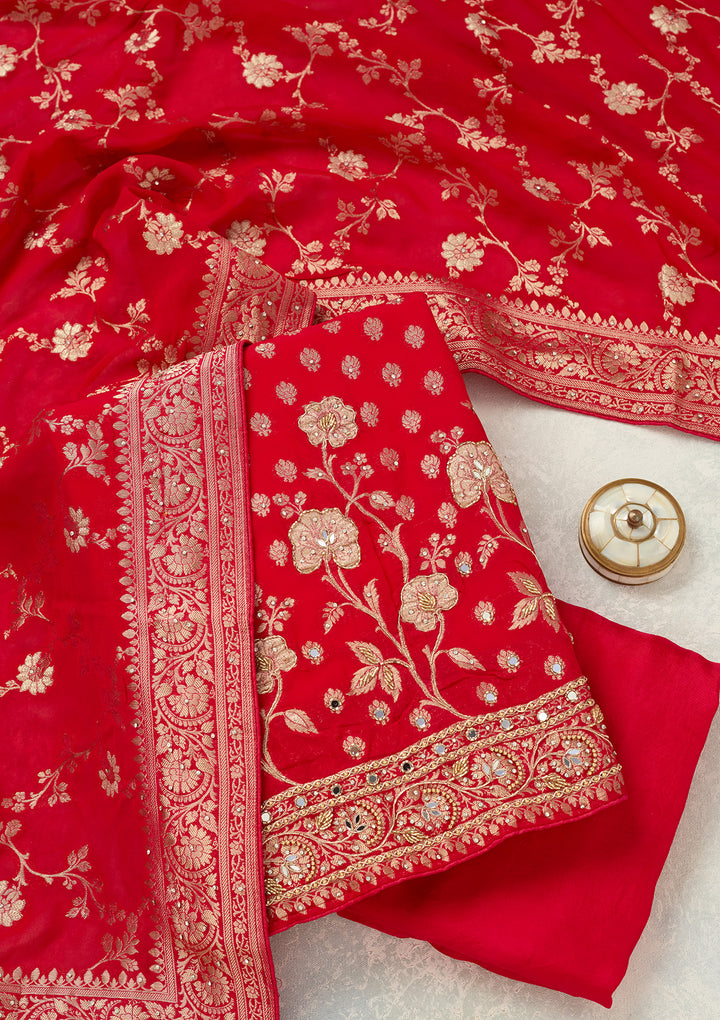 Rani Pink Stonework (Gold) Dola Silk Unstitched Salwar Suit