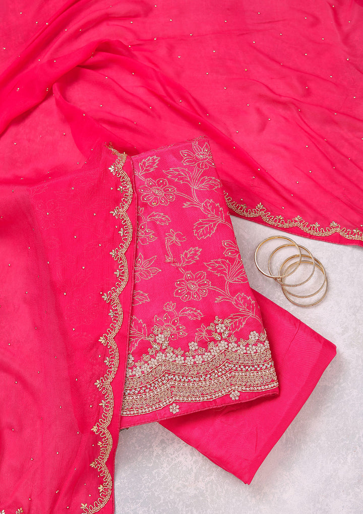 Rani Pink Pearlwork Dola Silk Unstitched Salwar Suit