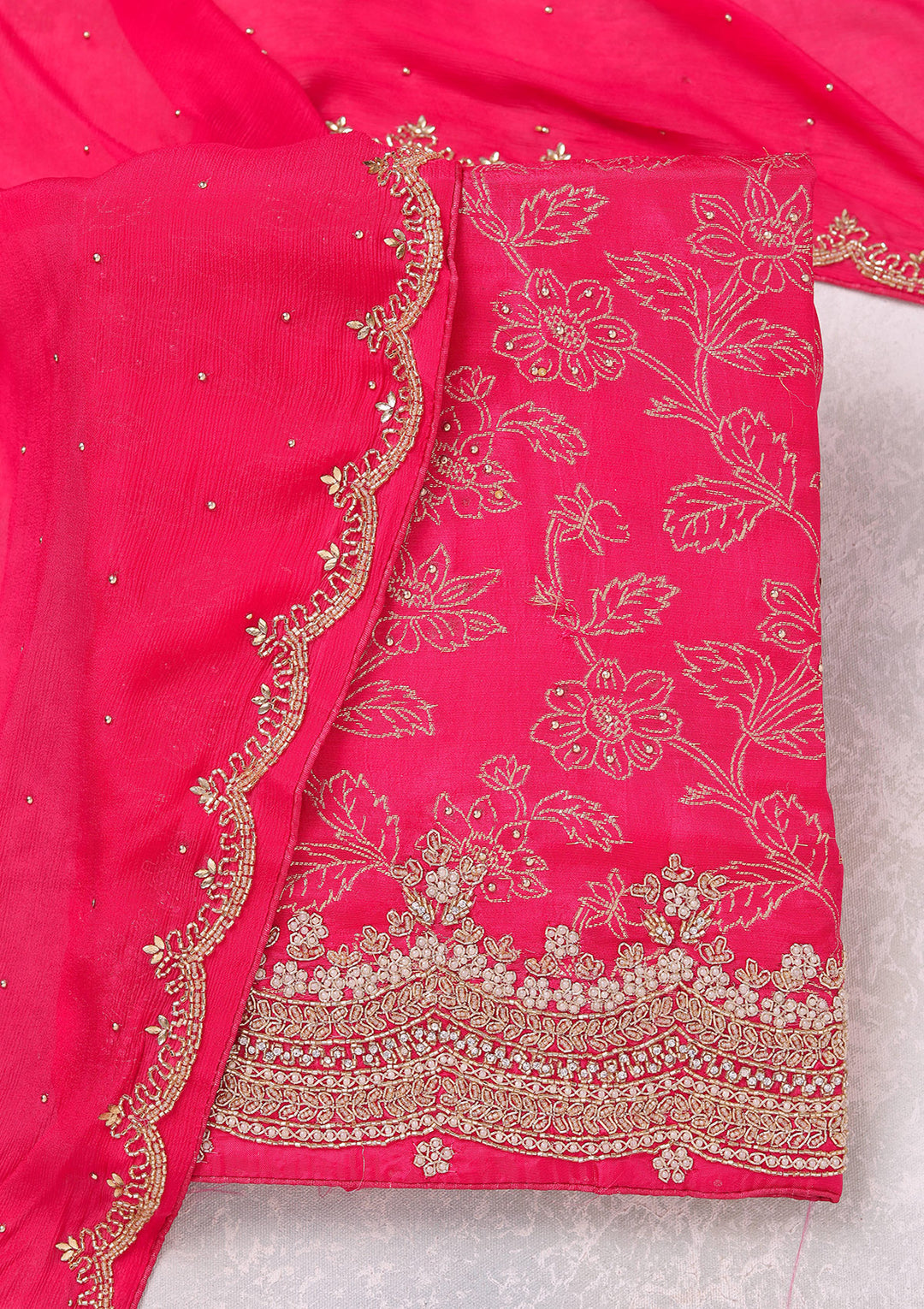 Rani Pink Pearlwork Dola Silk Unstitched Salwar Suit