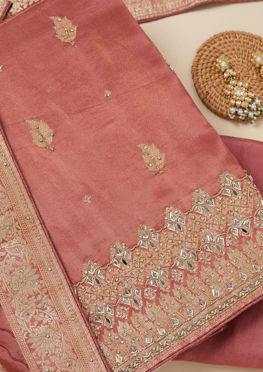 Onion Pink Stonework Dola Silk Unstitched Salwar Suit