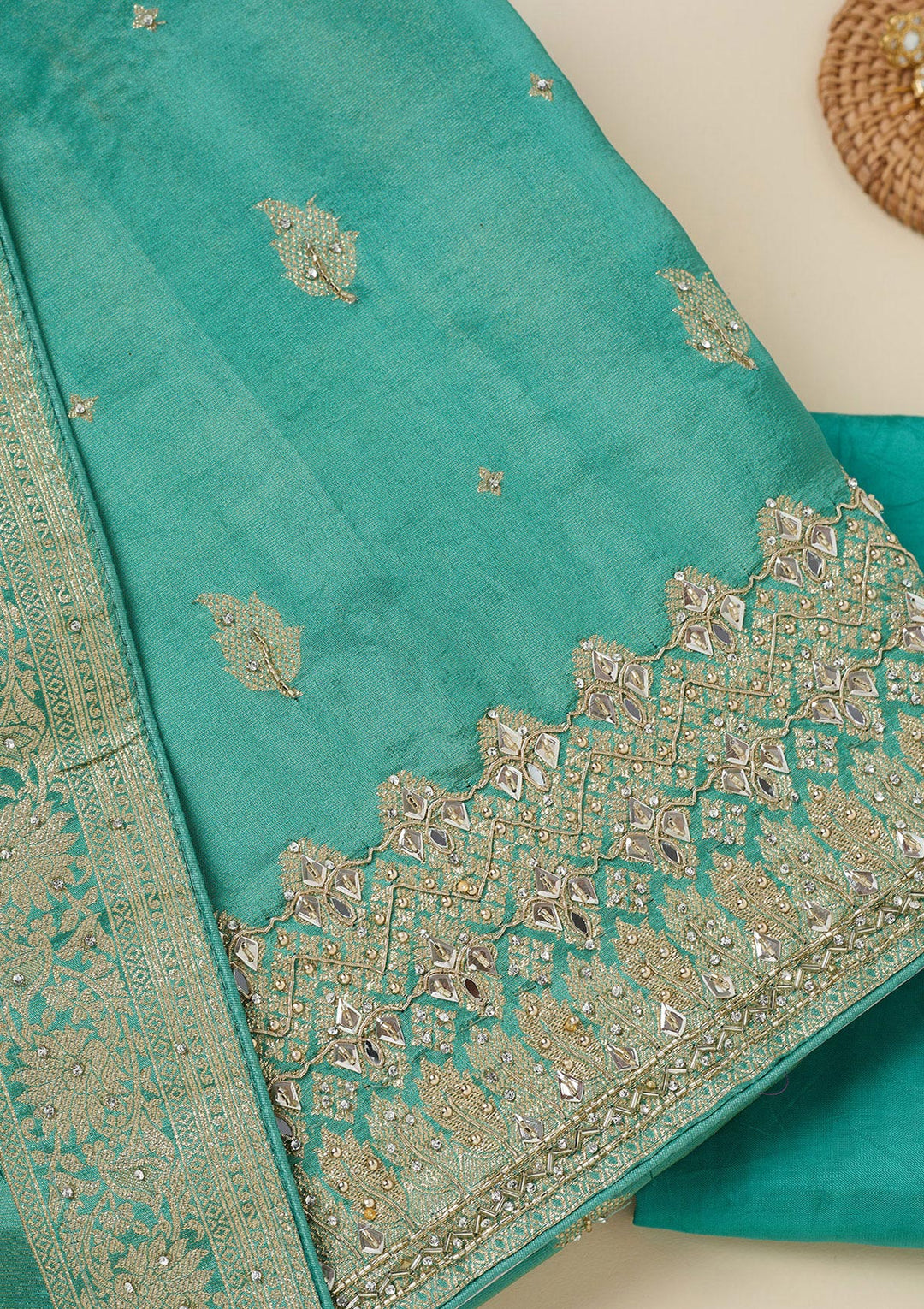 Sea Green Stonework Dola Silk Unstitched Salwar Suit