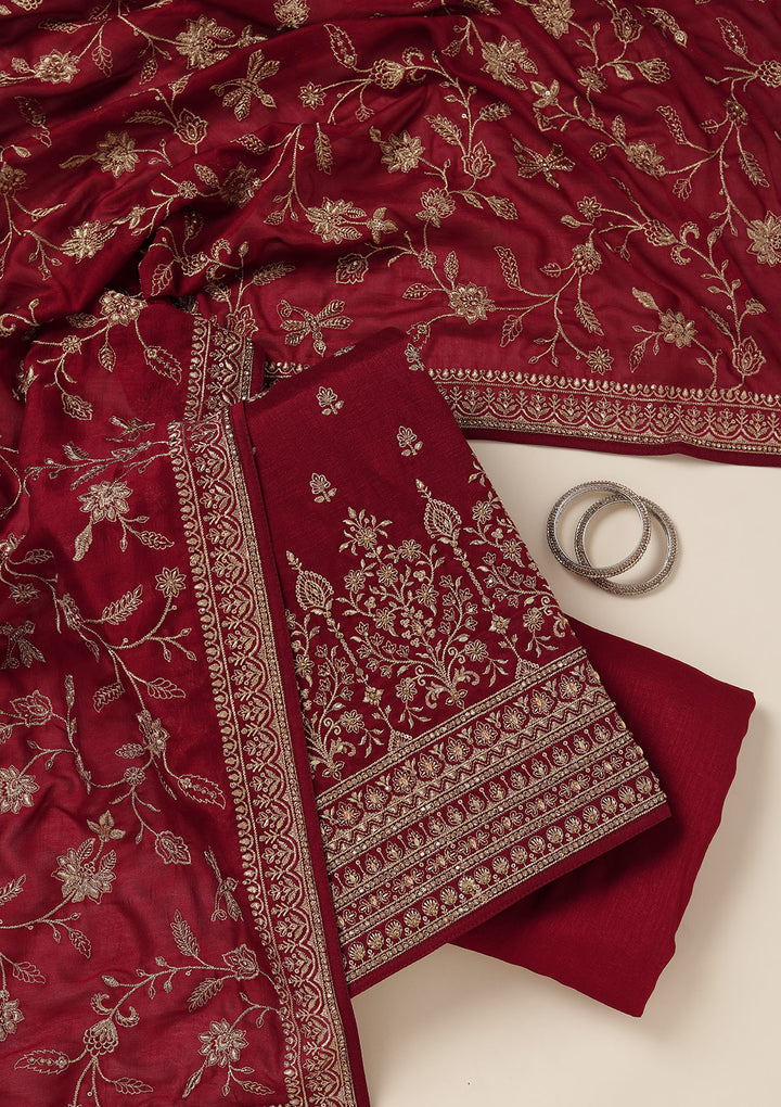 Maroon Zariwork (Gold) Soft Raw Silk Unstitched Salwar Suit