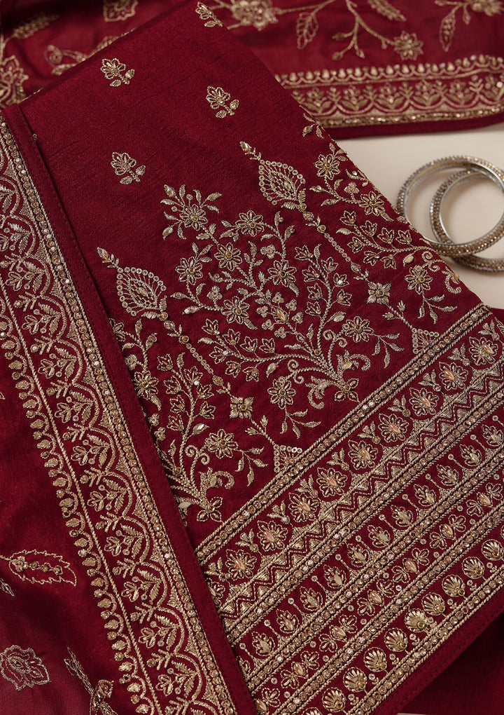 Maroon Zariwork (Gold) Soft Raw Silk Unstitched Salwar Suit