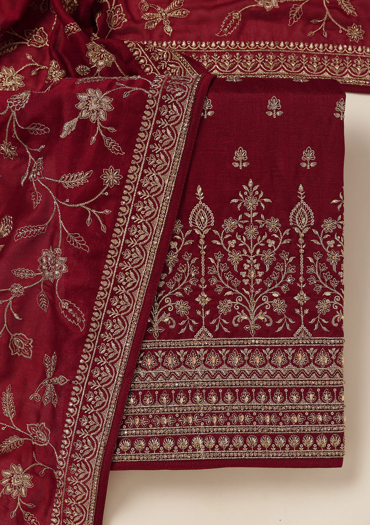 Maroon Zariwork (Gold) Soft Raw Silk Unstitched Salwar Suit